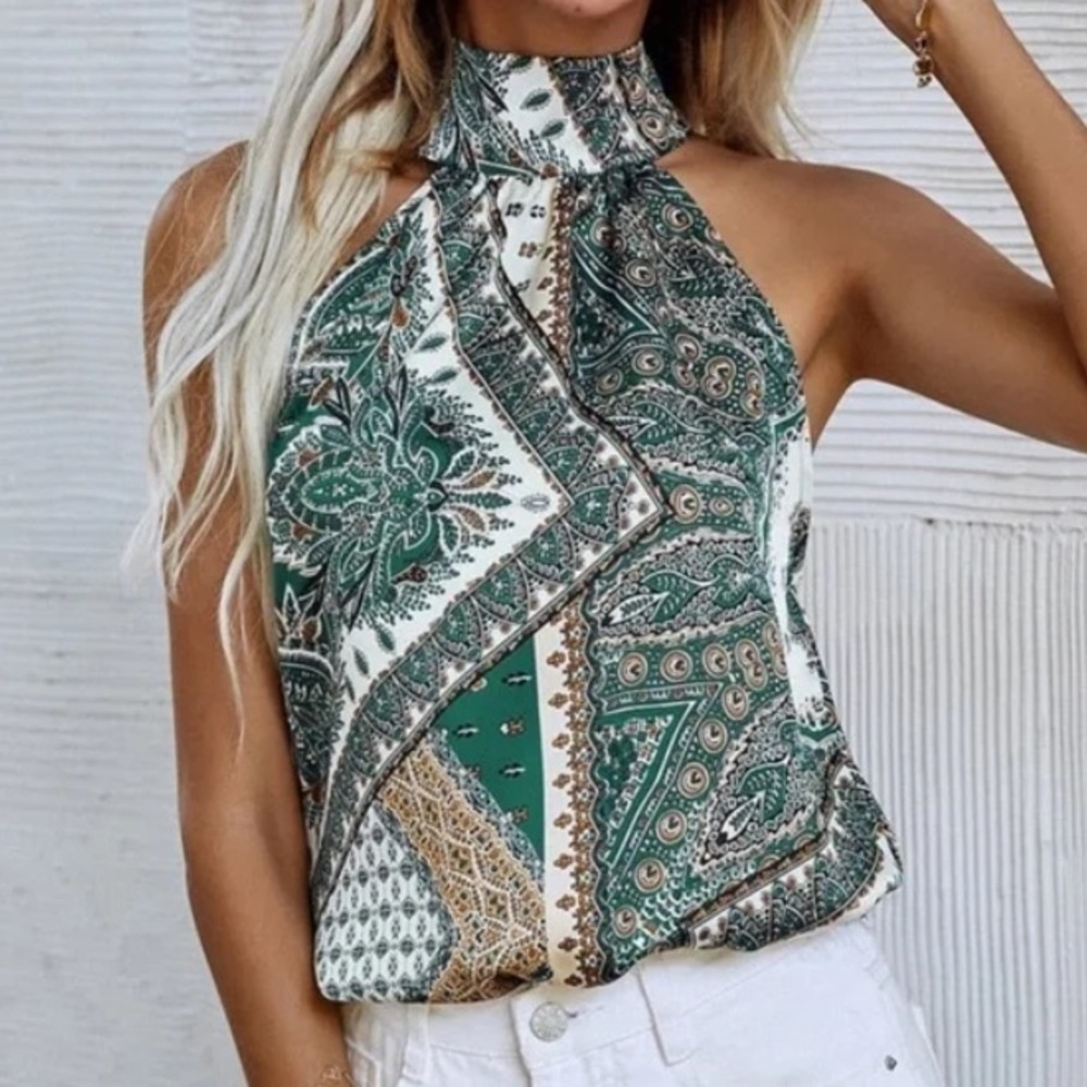 Boho Paisley Floral Print Satin Halter Tank Top - Picture 13 of 15